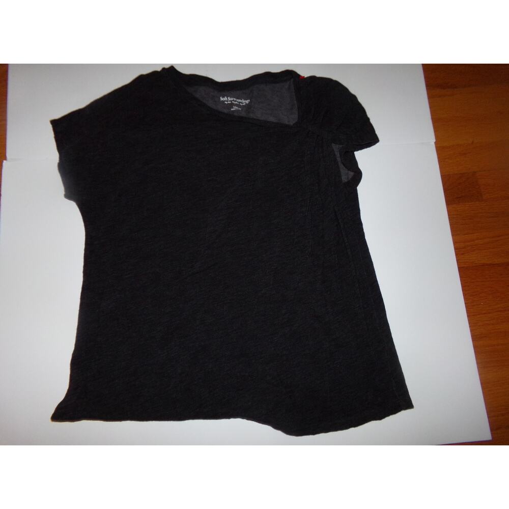 Soft Surroundings 100% cotton black knit top with 1 gathered sleeve L